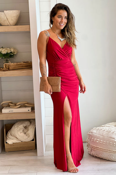 burgundy ruched maxi dress with slit