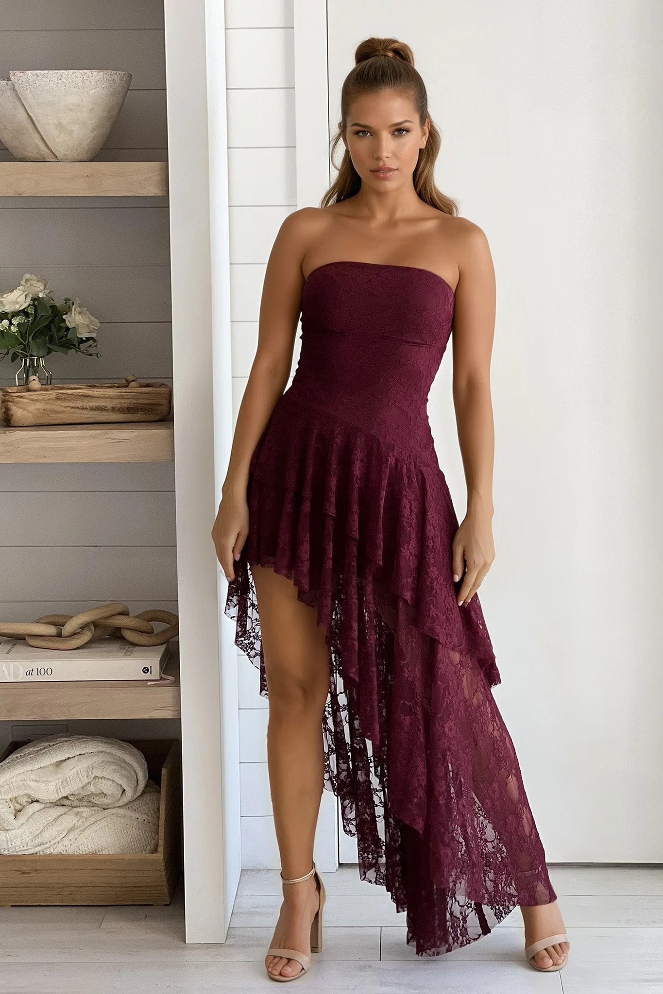 burgundy ruffled asymmetrical maxi dress