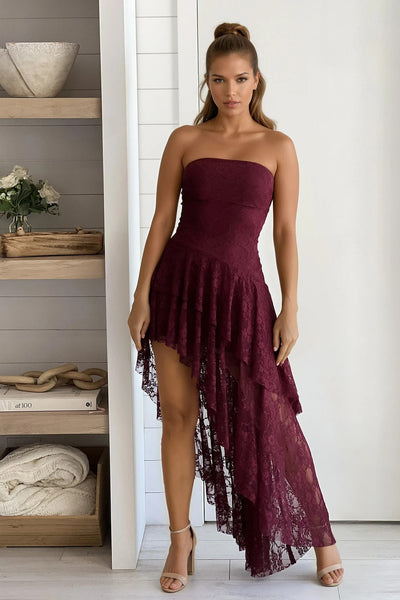 burgundy ruffled asymmetrical maxi dress