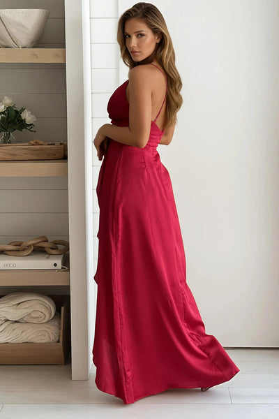 burgundy satin maxi dress with open back