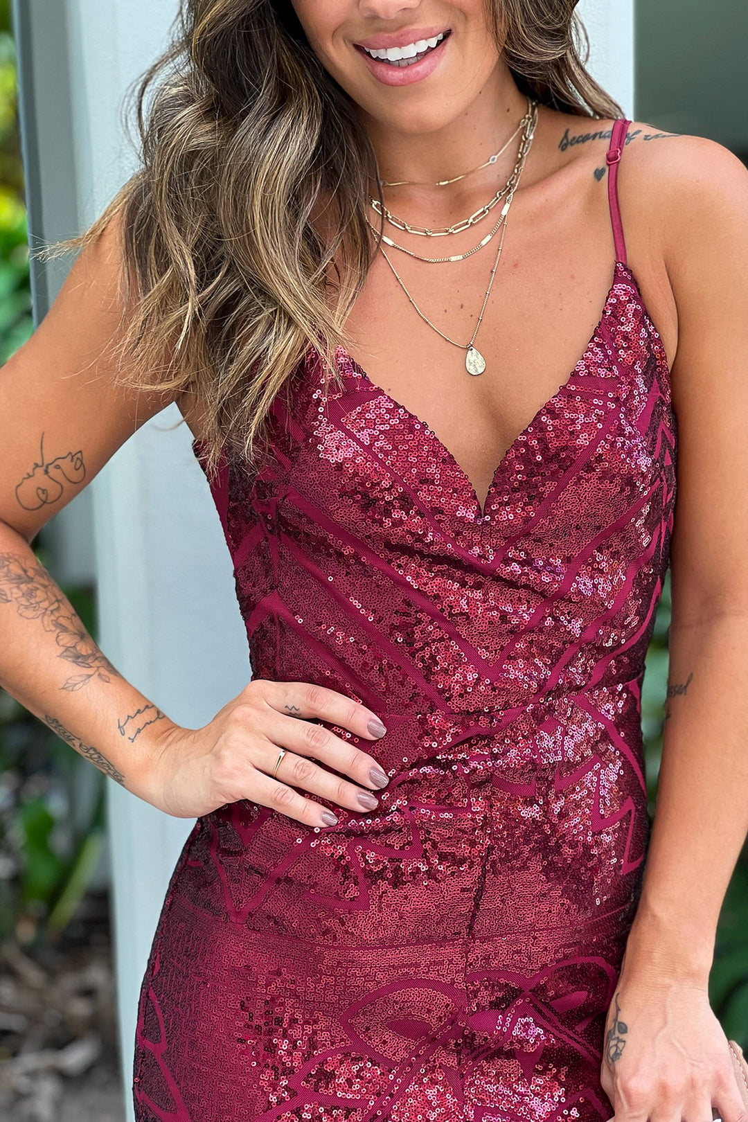 Burgundy Sequin Maxi Dress With Front Slit | Maxi Dresses  Saved by the  Dress