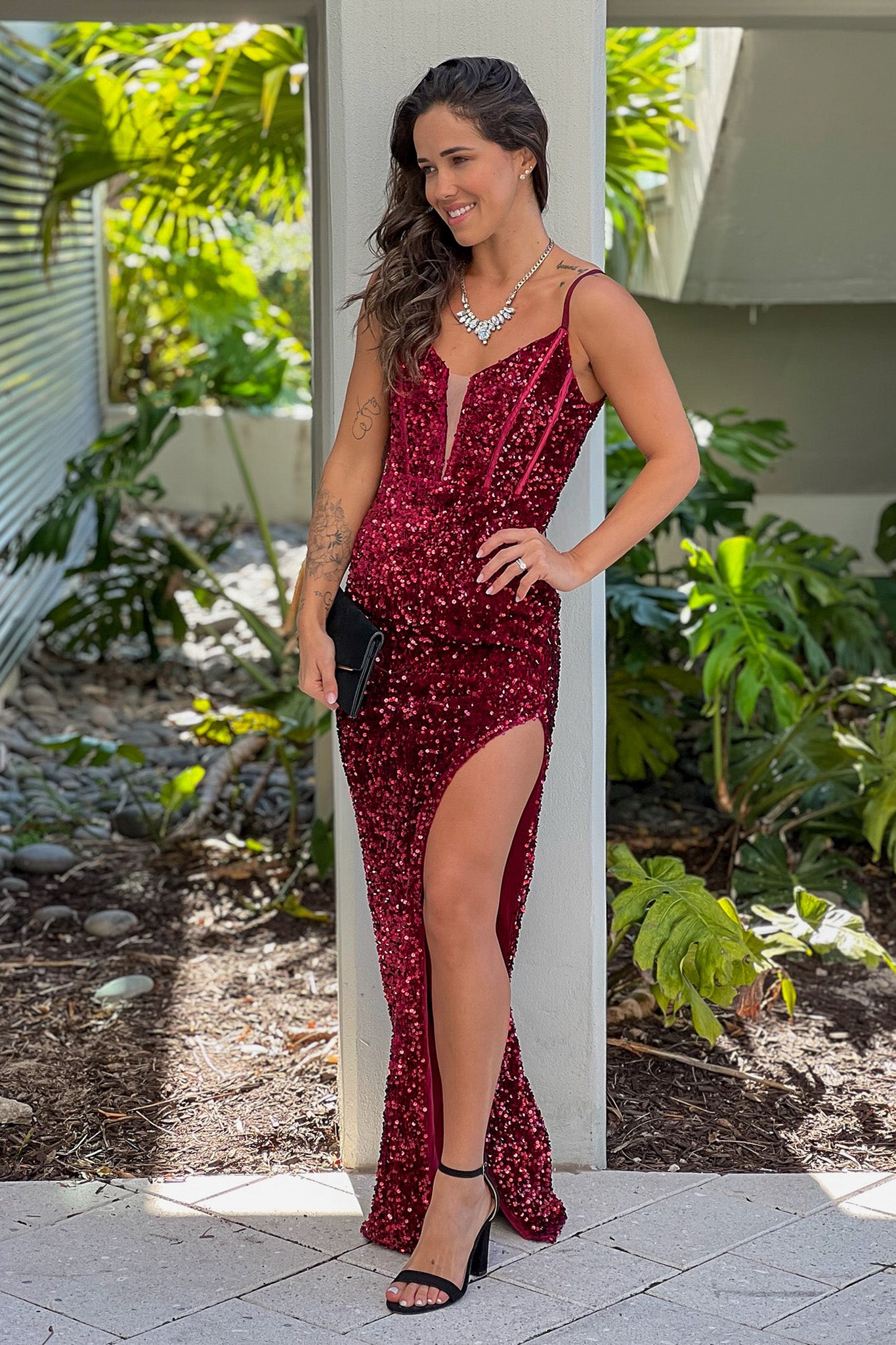 burgundy sequin prom maxi dress