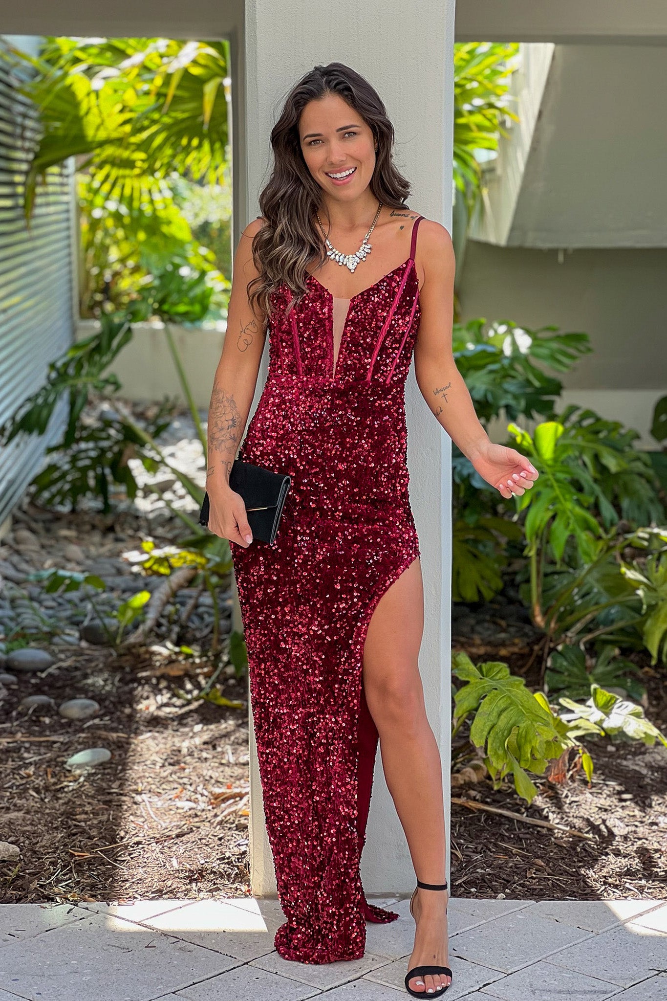 burgundy sequin velvet maxi dress with slit