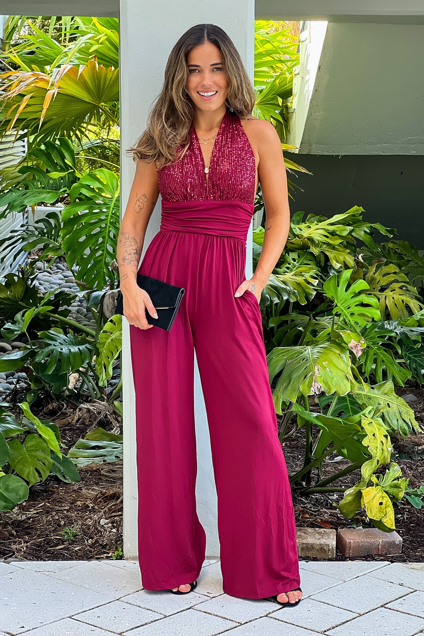 burgundy sequined top jumpsuit