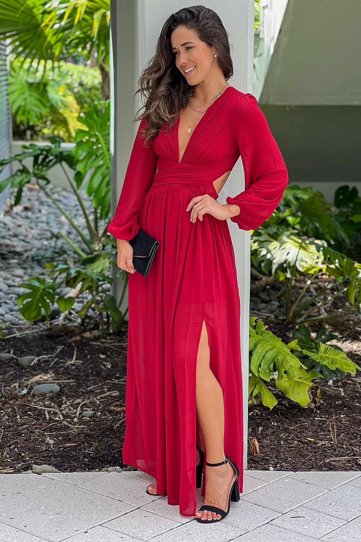 burgundy  v-neck maxi dress with slit