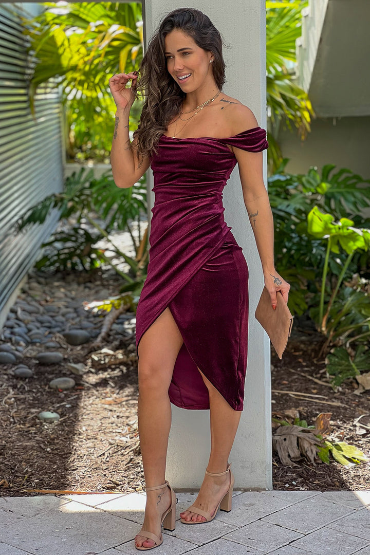 Burgundy Velvet Glitter Off Shoulder Midi Dress | Short Dresses Saved by the Dress Burgundy Velvet Glitter Off Shoulder Midi Dress | Short Dresses Saved by the Dress
