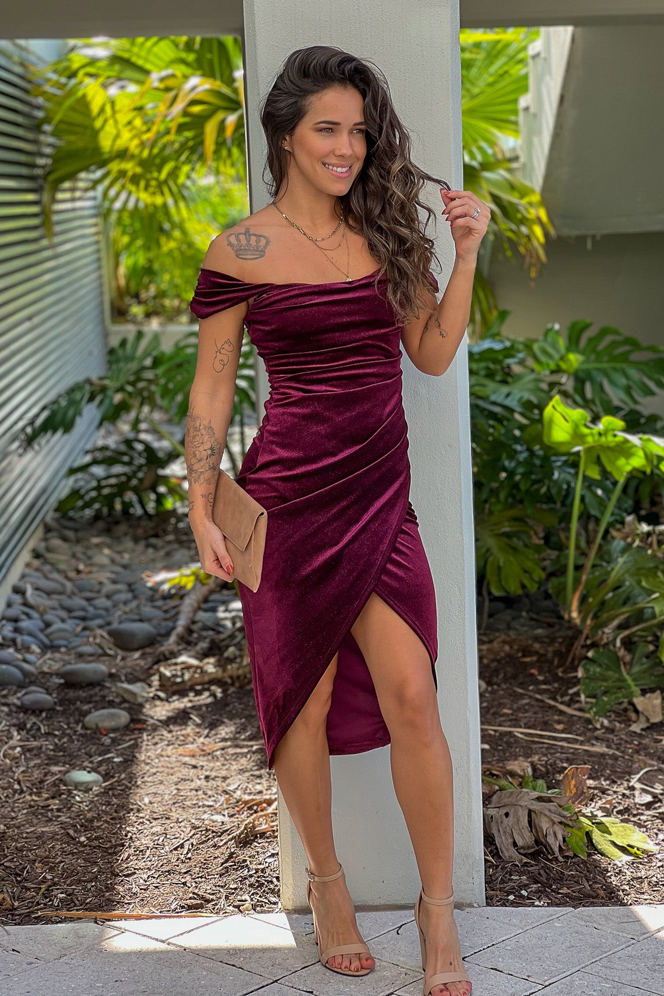 burgundy velvet glitter ruched midi dress