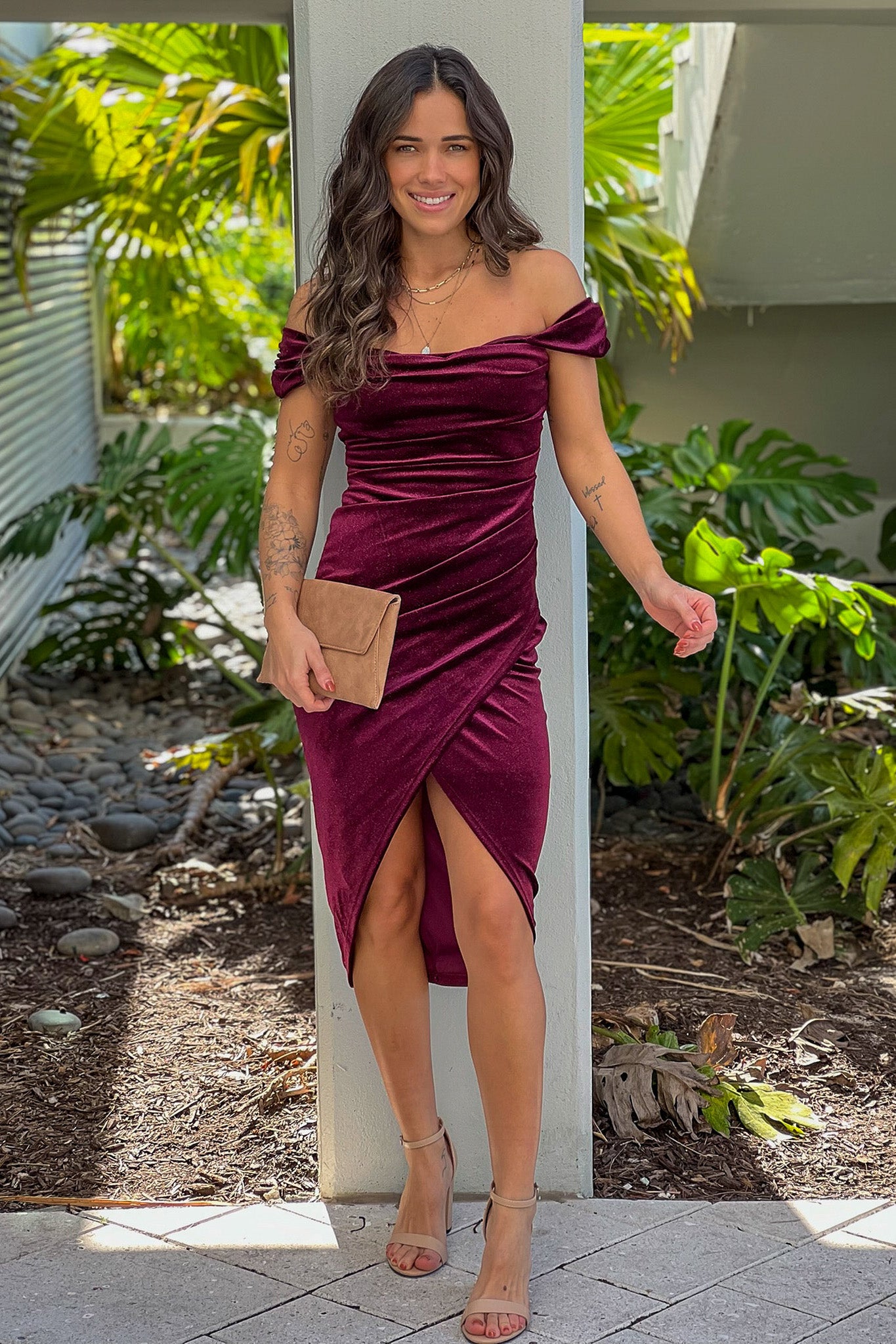 burgundy velvet off shoulder midi dress