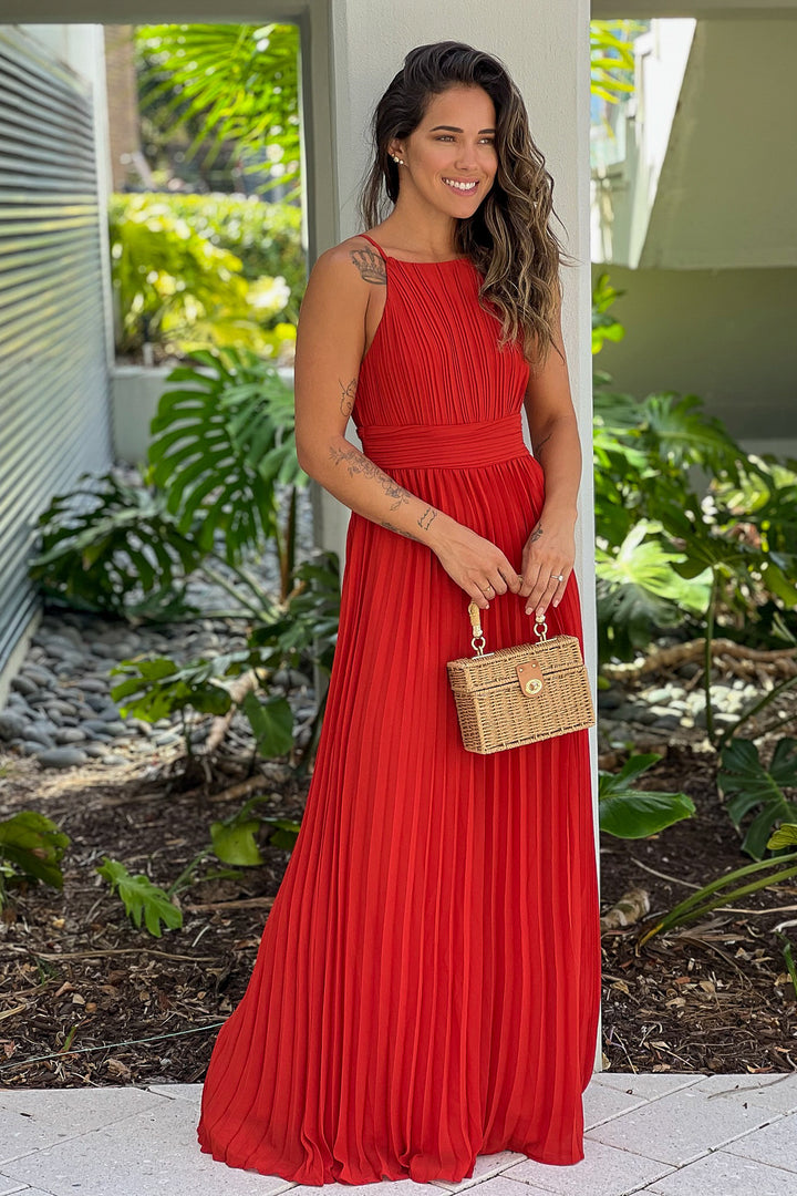 Burnt Orange Pleated Maxi Dress Maxi Dresses Saved by the Dress