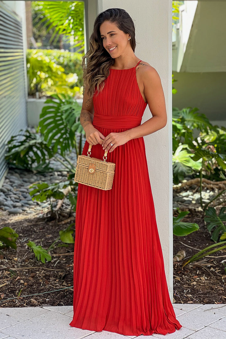 pescadero pleated maxi dress Burnt Orange Pleated Maxi Dress