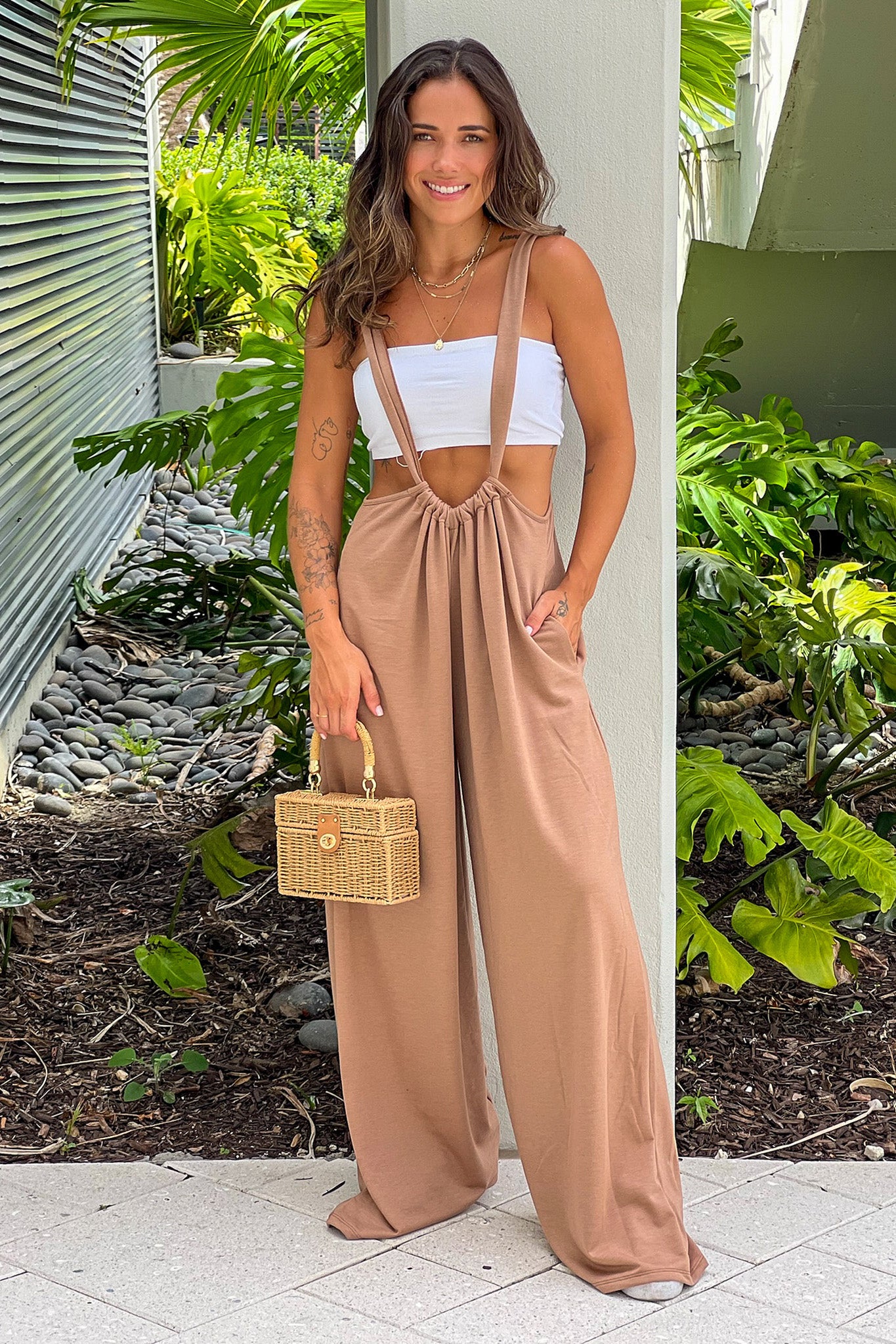 camel jumpsuit with pockets and tie back