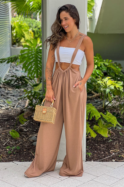 camel jumpsuit with pockets