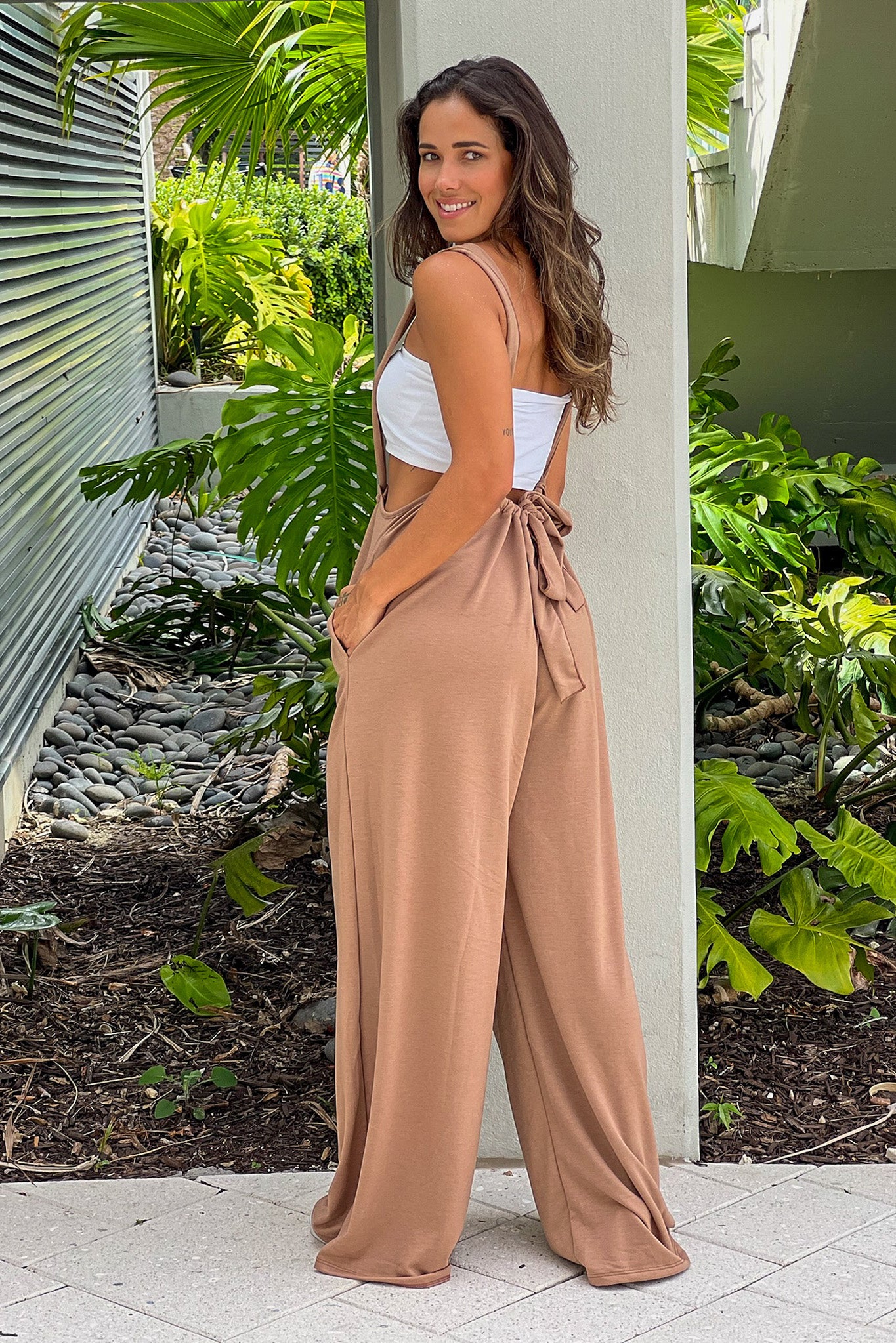 camel jumpsuit with tie back