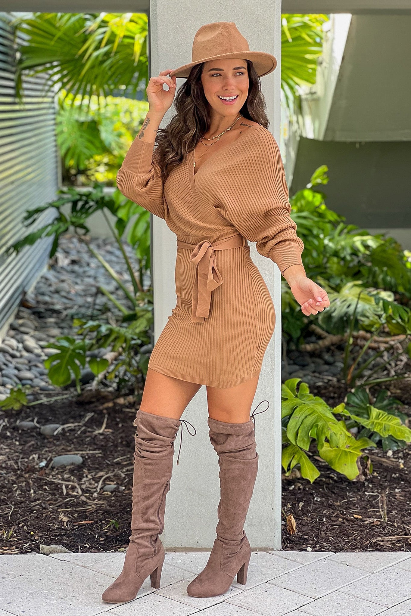 camel sweater dress Camel Ribbed Short Dress with Long Sleeves