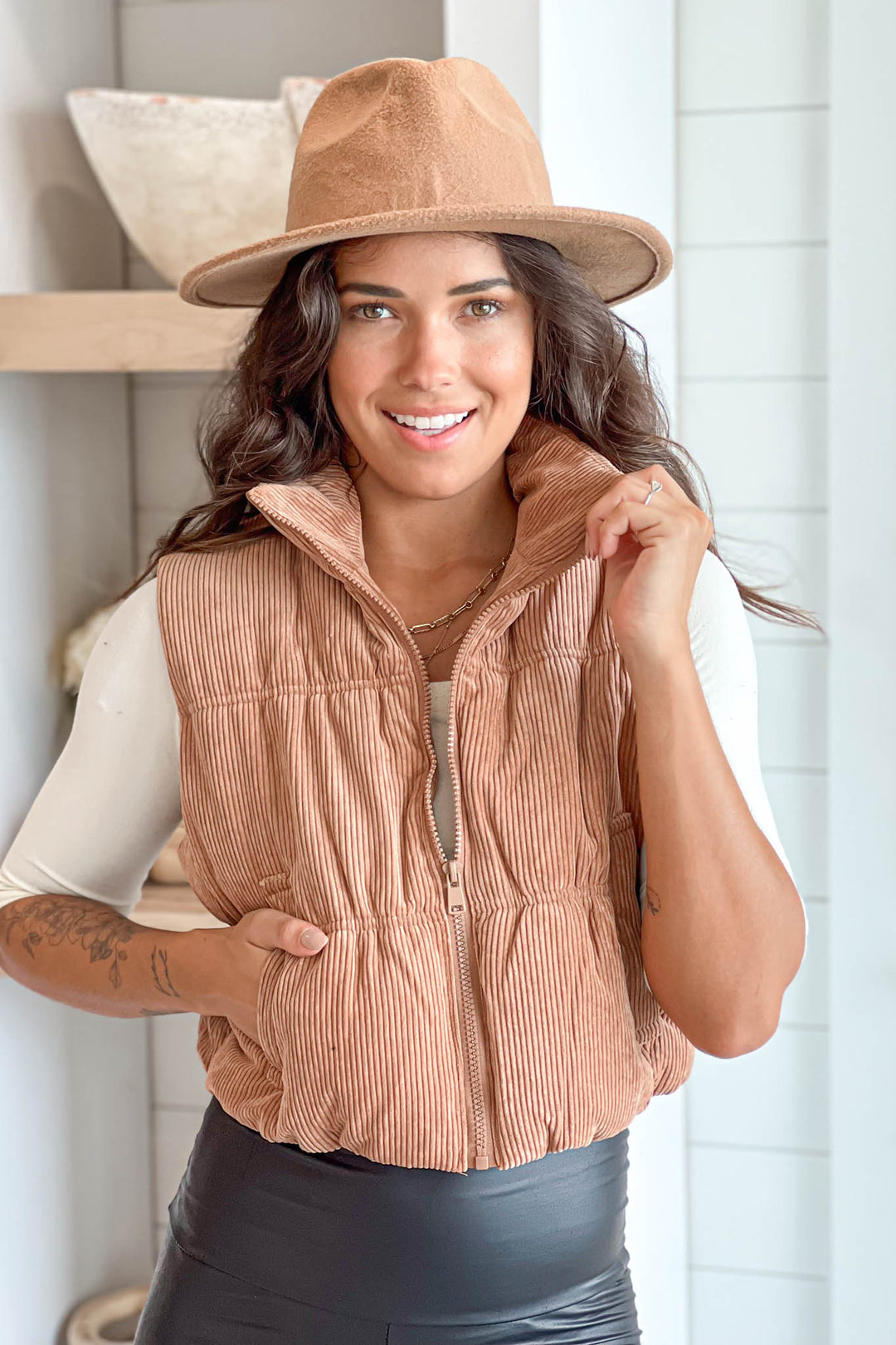 Camel Corduroy Puffer Vest | Online Boutiques – Saved by the Dress