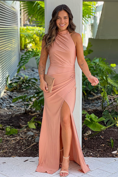 caramel halter maxi dress with slit