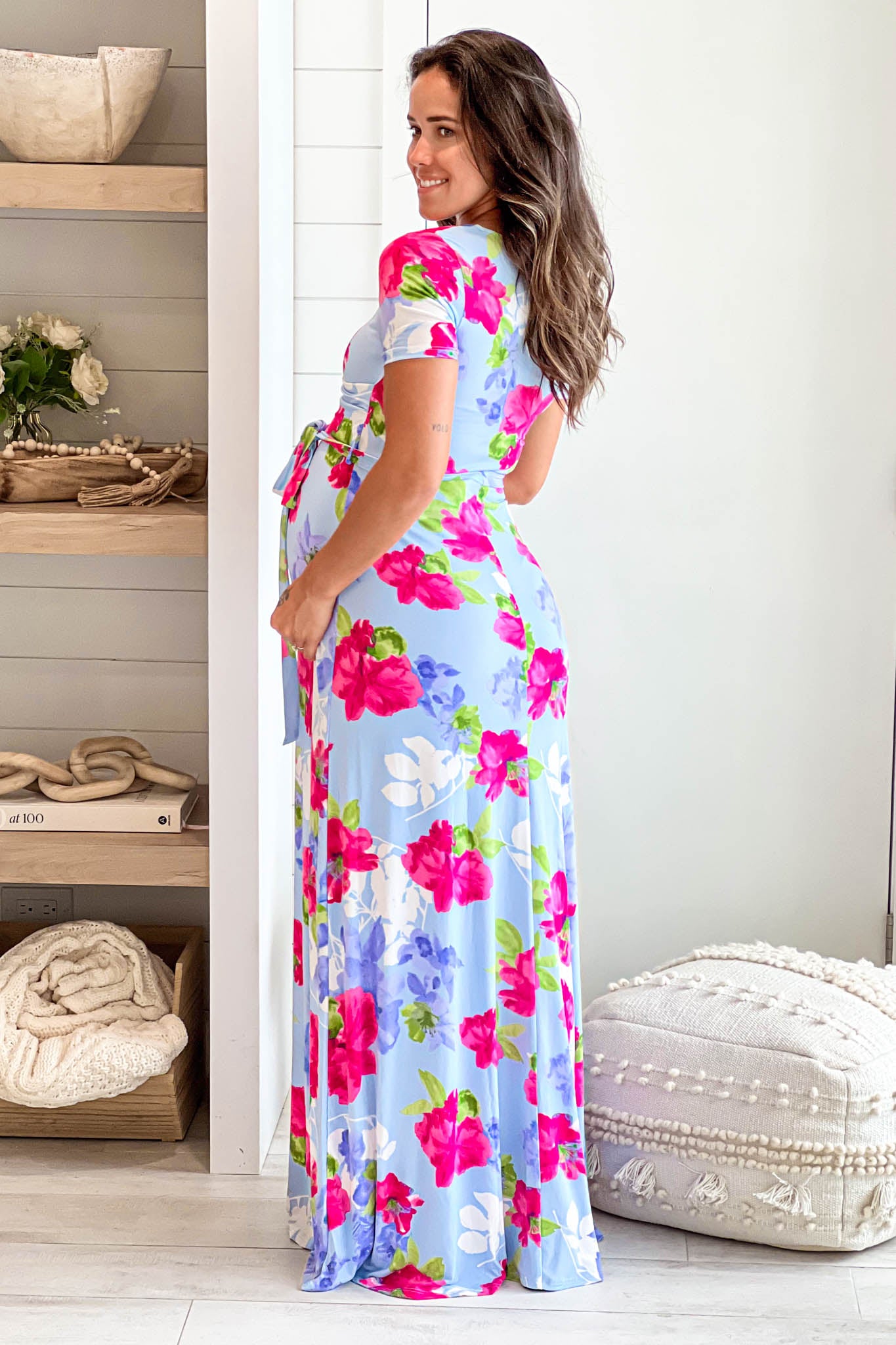 chambray floral maternity maxi dress