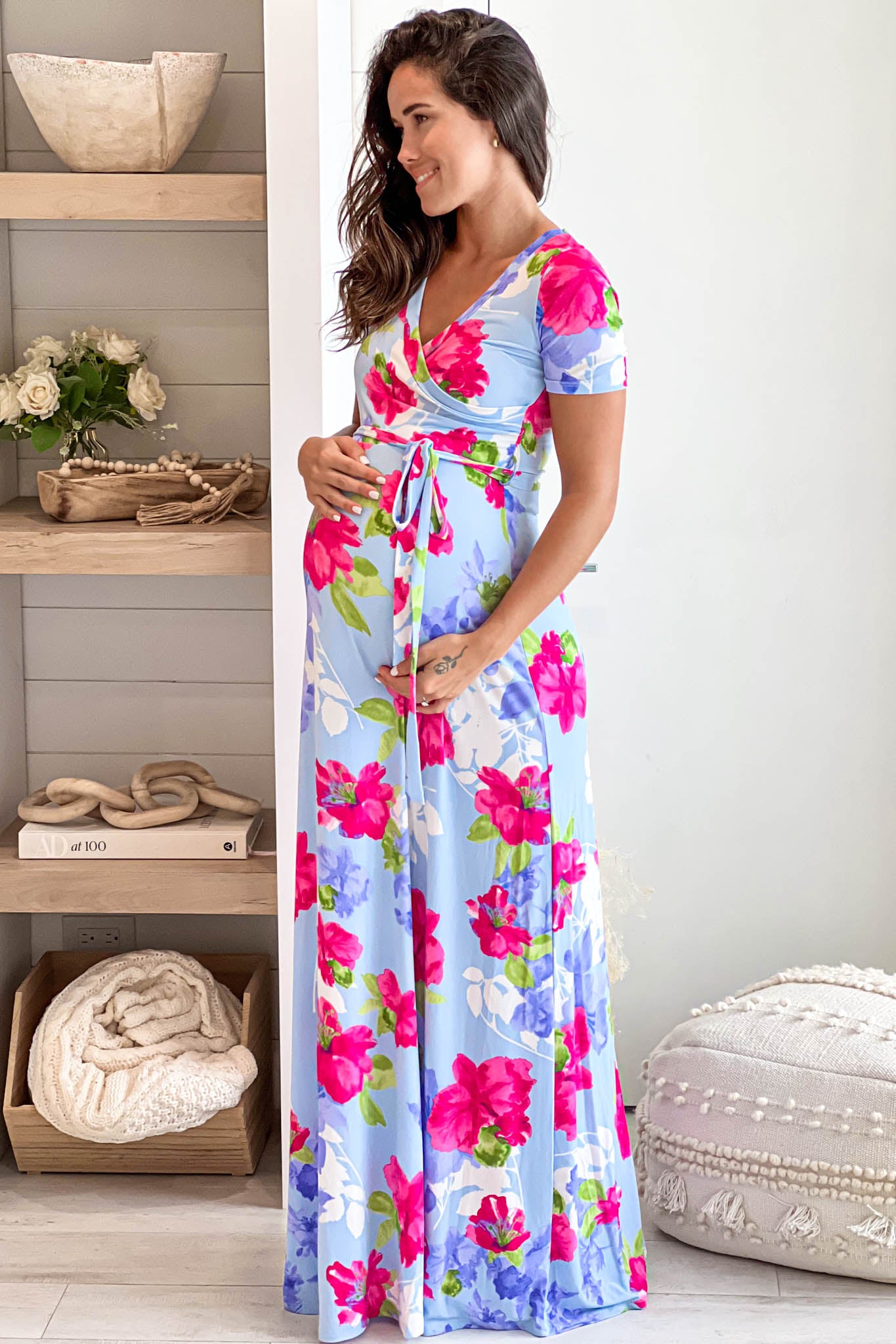 chambray  maternity maxi dress with short sleeves