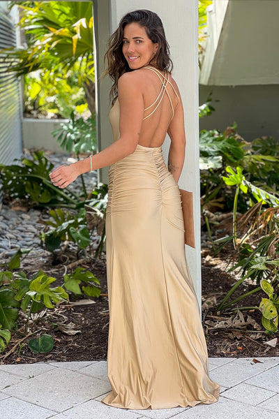 champagne criss cross back maxi dress with slit