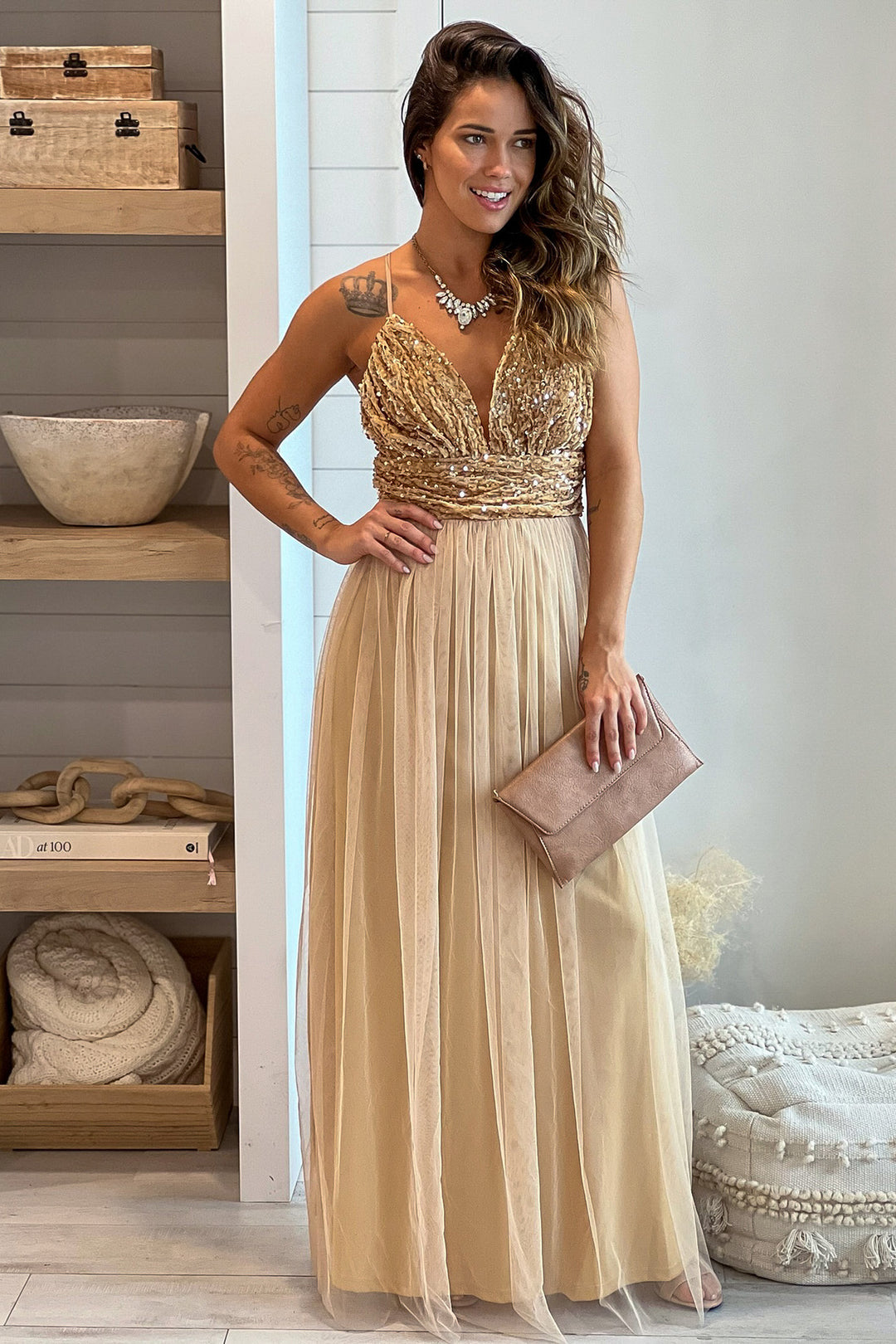 champagne mesh dress Champagne Mesh Maxi Dress With Sequin Top