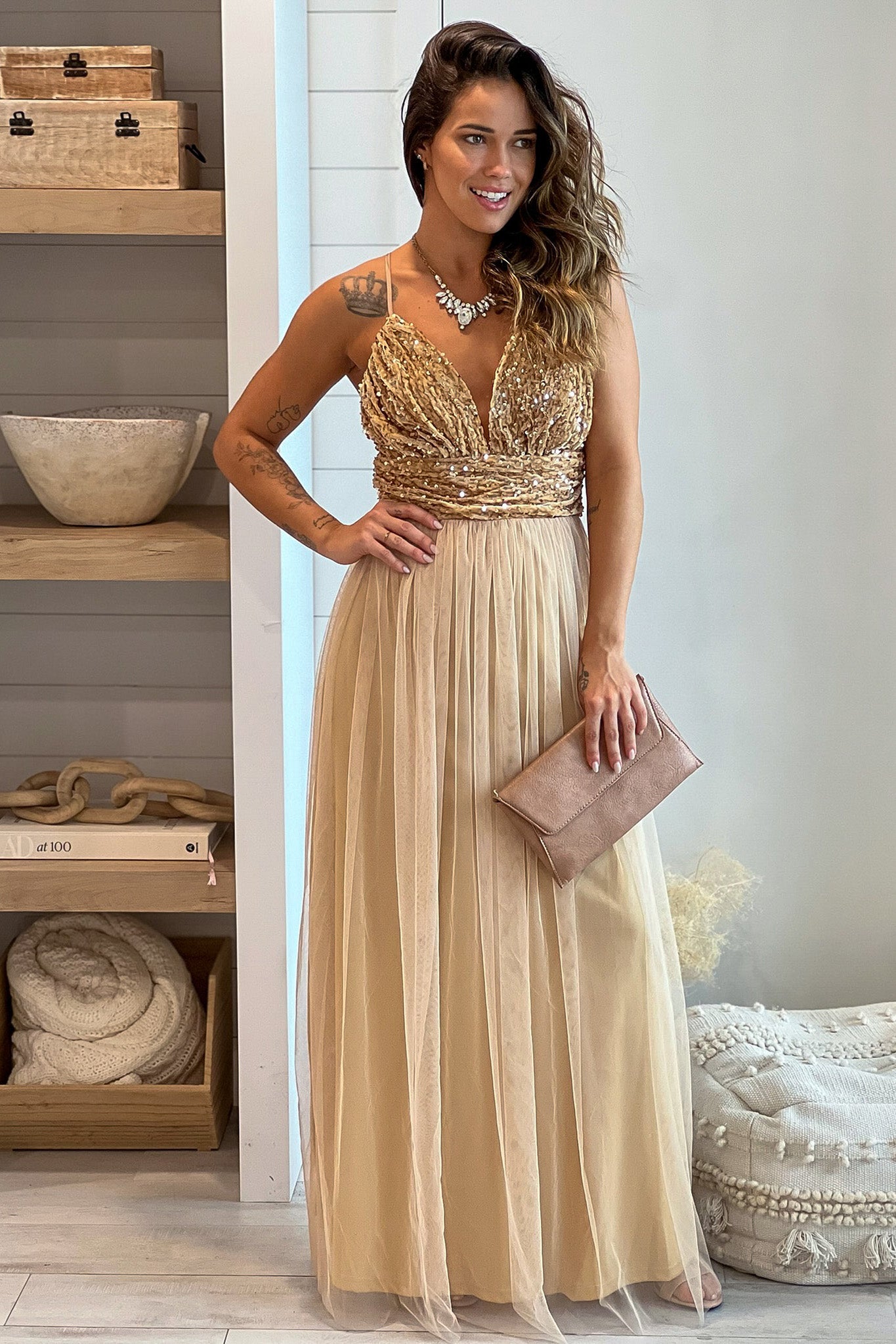 Champagne Mesh Maxi Dress With Sequin Top | Formal Dresses Saved by the Dress Champagne Mesh Maxi Dress With Sequin Top | Formal Dresses Saved by the Dress