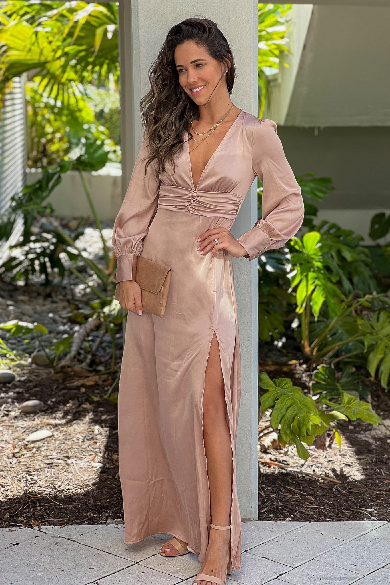 champagne maxi dress with long sleeves