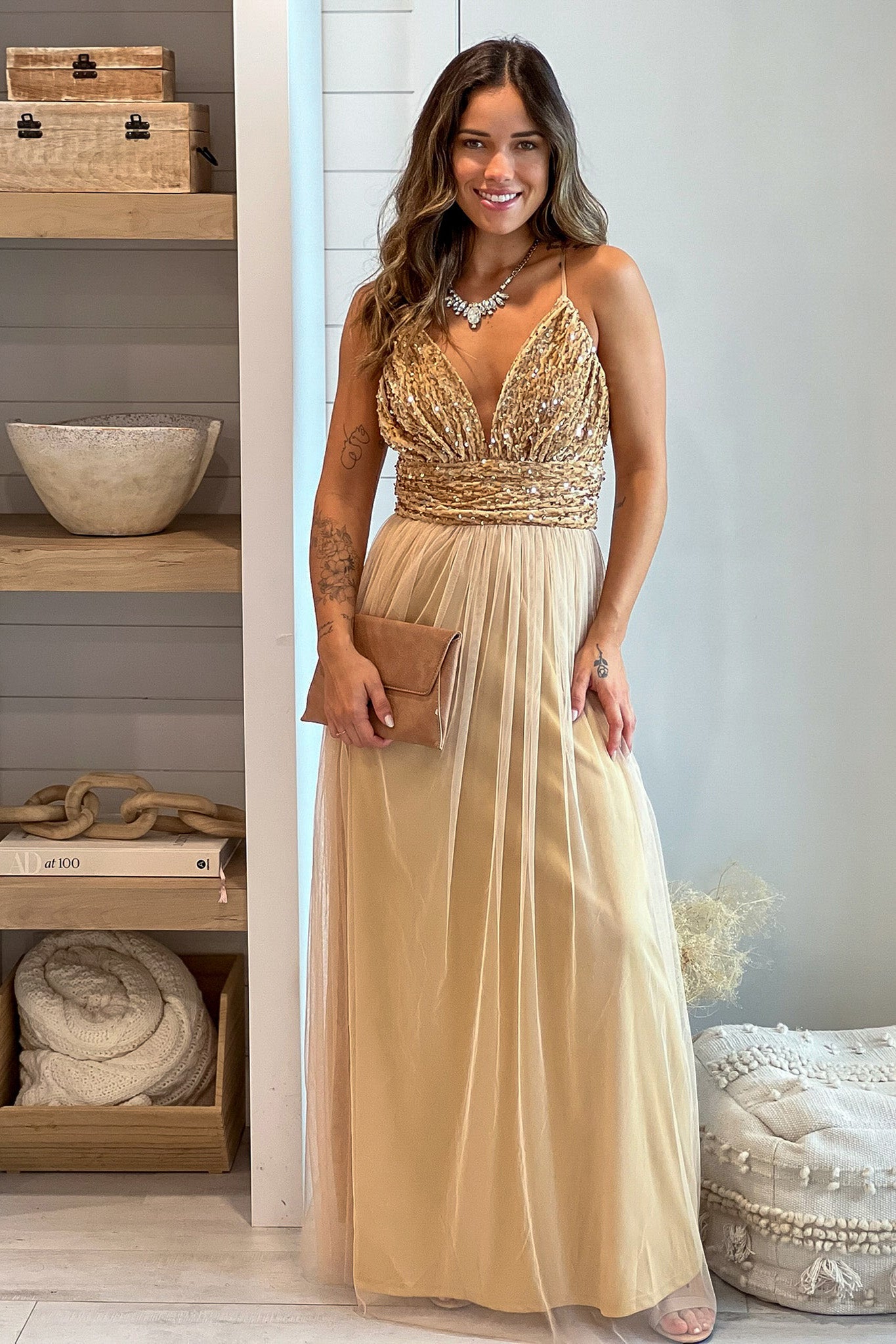 Champagne Mesh Maxi Dress With Sequin Top | Formal Dresses Saved by the Dress Champagne Mesh Maxi Dress With Sequin Top | Formal Dresses Saved by the Dress