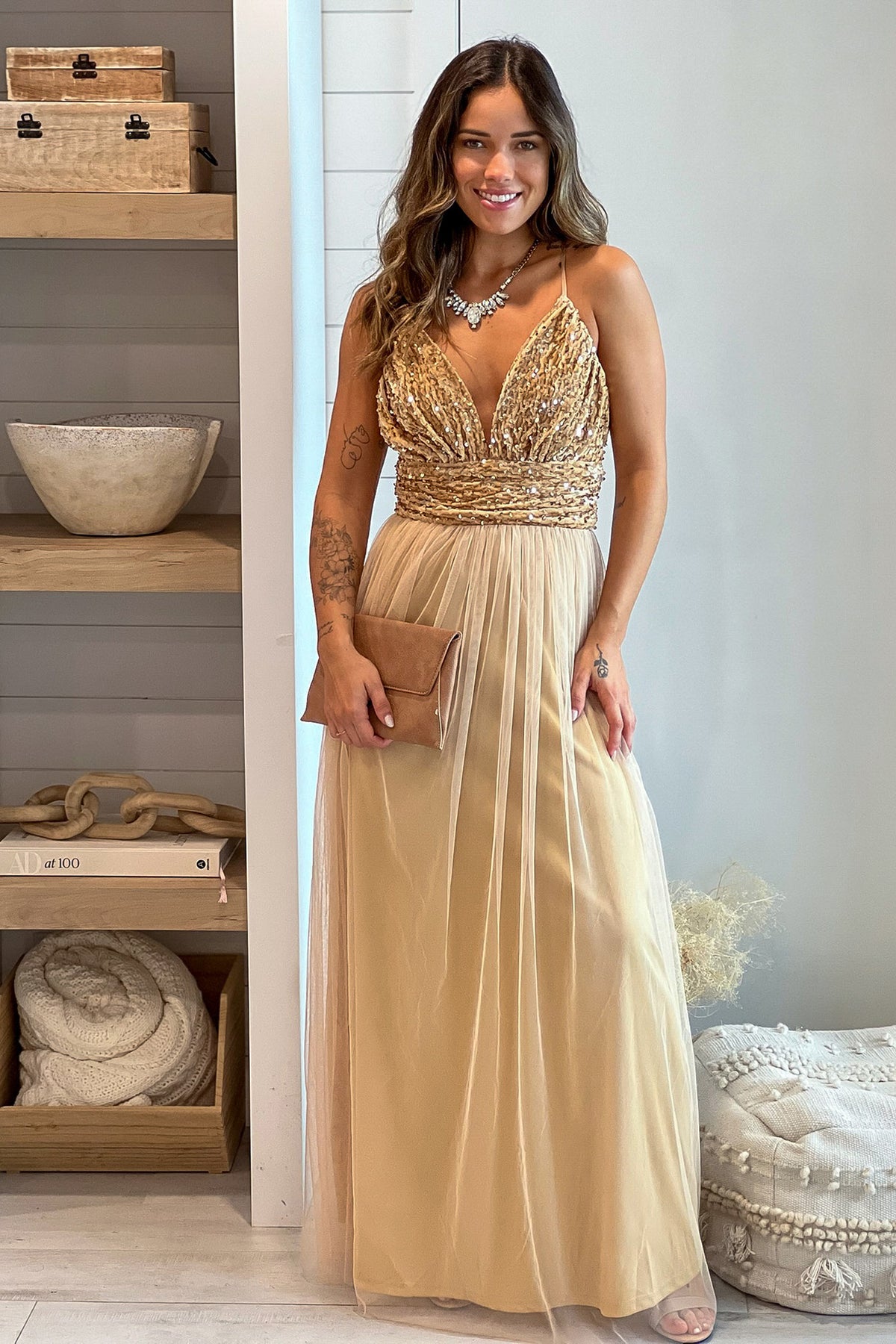 Champagne Mesh Maxi Dress With Sequin Top
