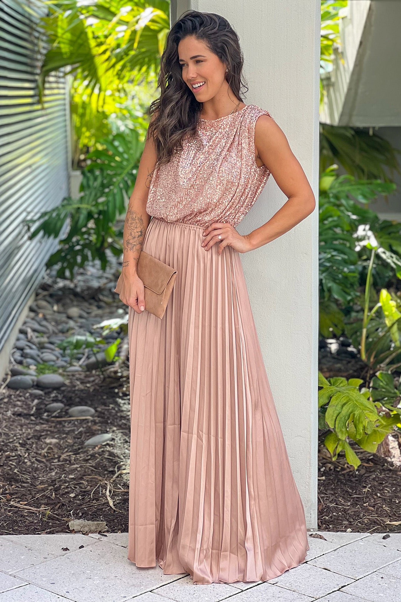 champagne maxi dress with sequined top