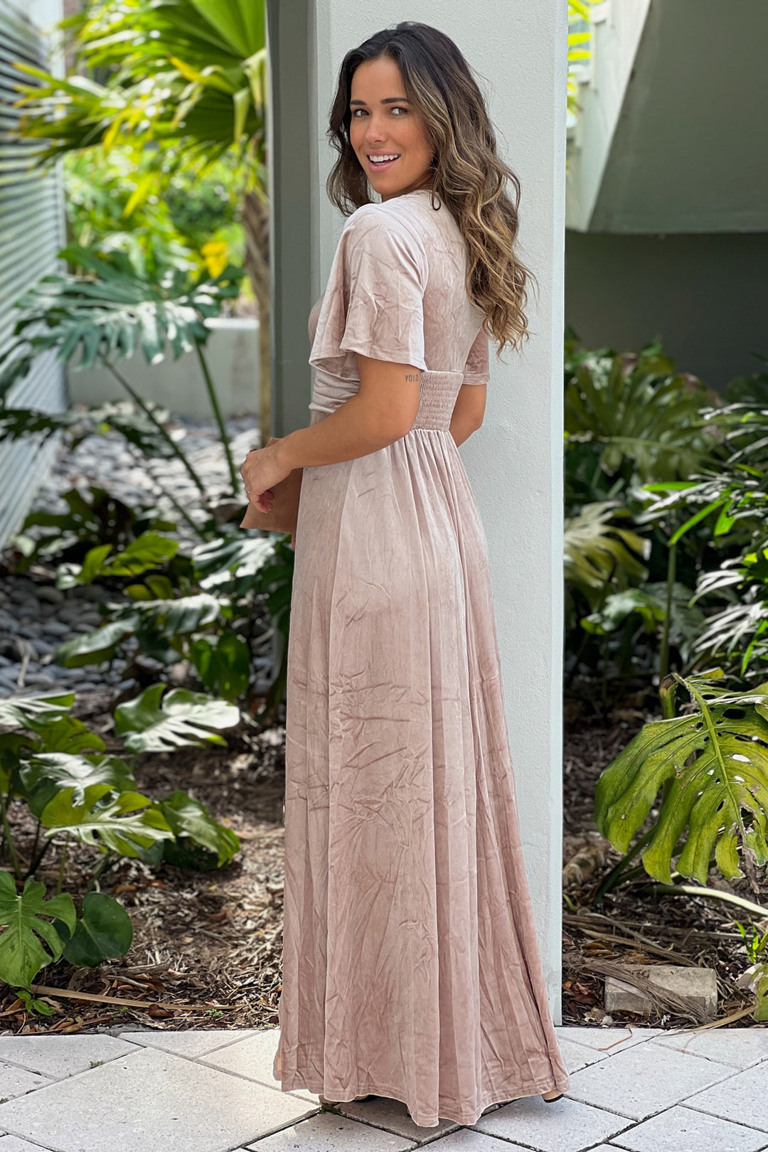 white christmas dresses Champagne Velvet Maxi Dress