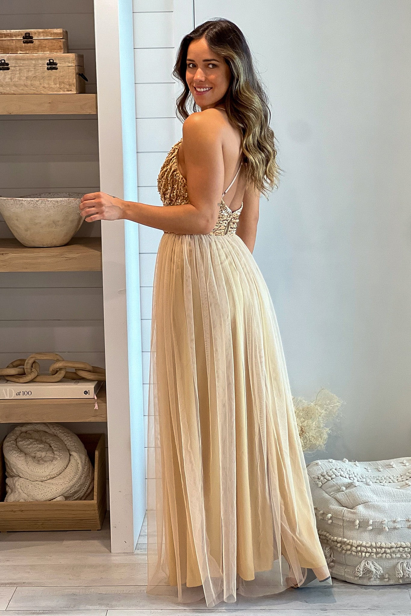 Champagne Mesh Maxi Dress With Sequin Top