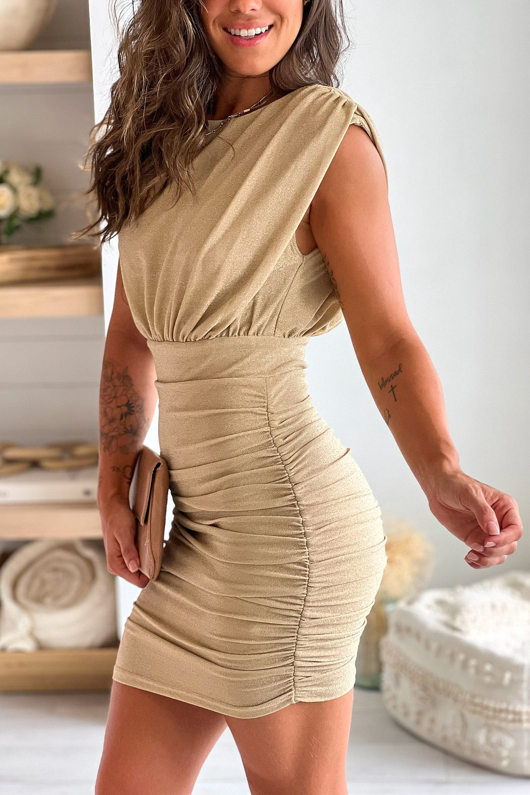 Champagne Metallic Ruched Short Dress | Short Dresses Saved by the Dress Champagne Metallic Ruched Short Dress | Short Dresses Saved by the Dress