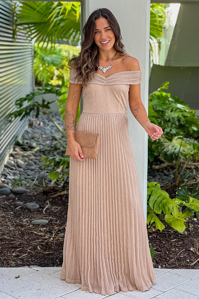 champagne off shoulder lurex maxi dress