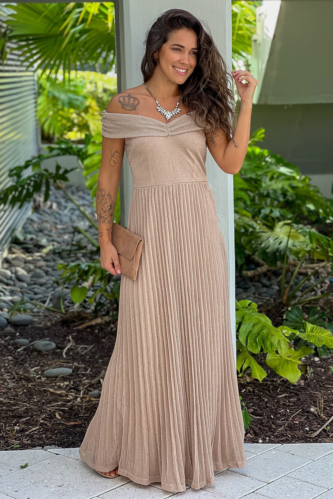 Champagne Off Shoulder Lurex Maxi Dress | Maxi Dresses Saved by the Dress Champagne Off Shoulder Lurex Maxi Dress | Maxi Dresses Saved by the Dress