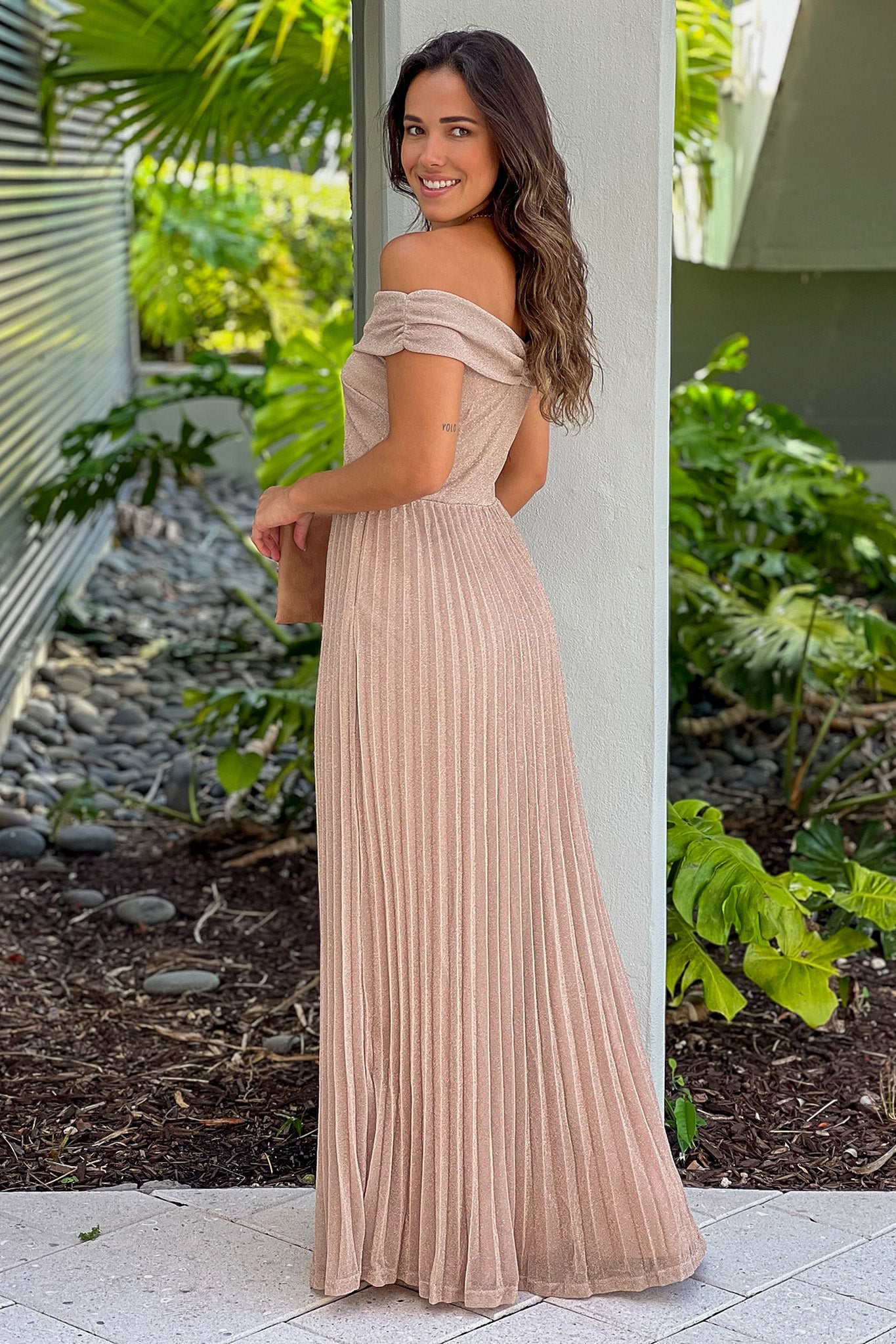 champagne off shoulder pleated maxi dress