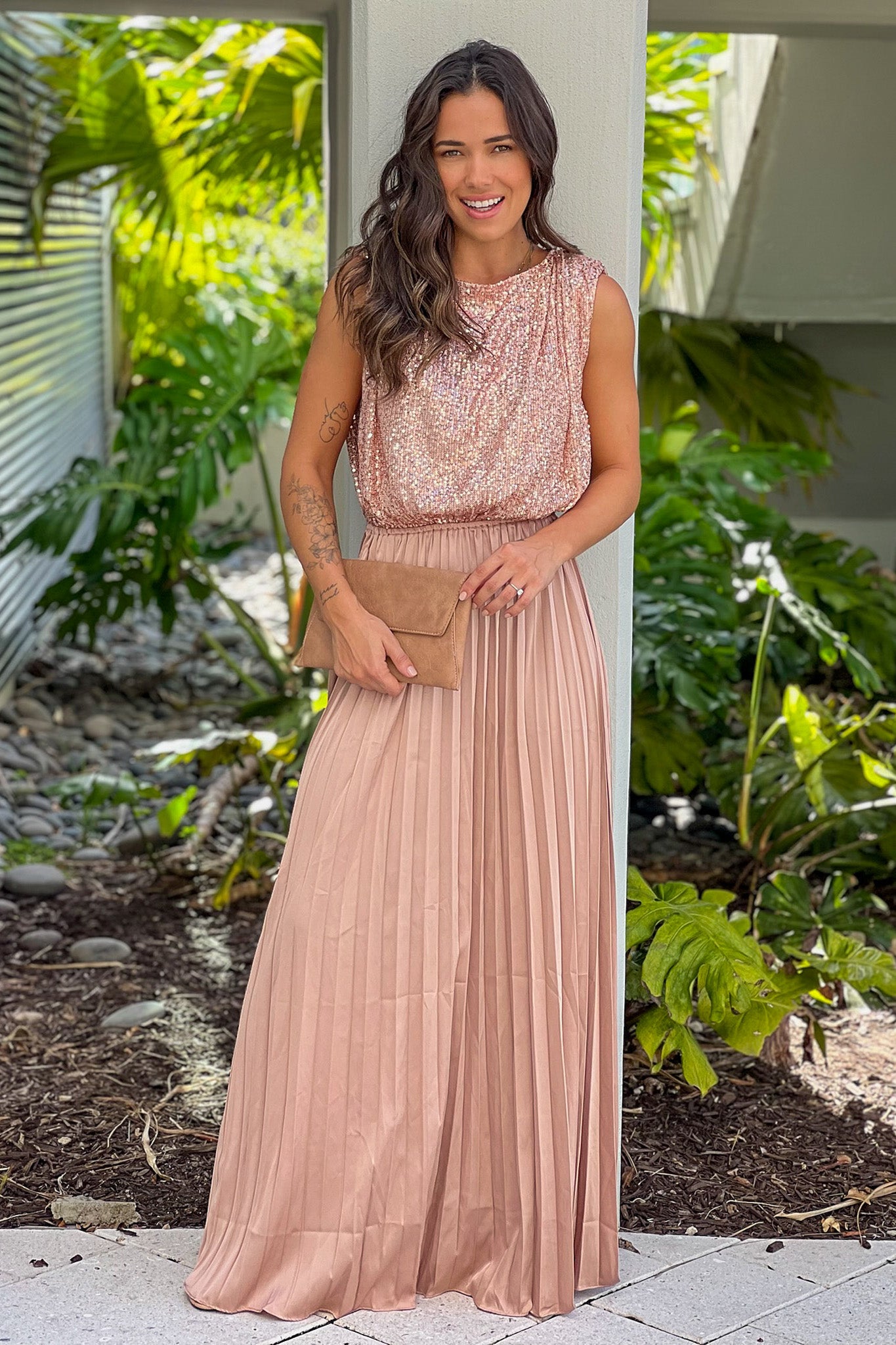 champagne pleated maxi dress with sequined top