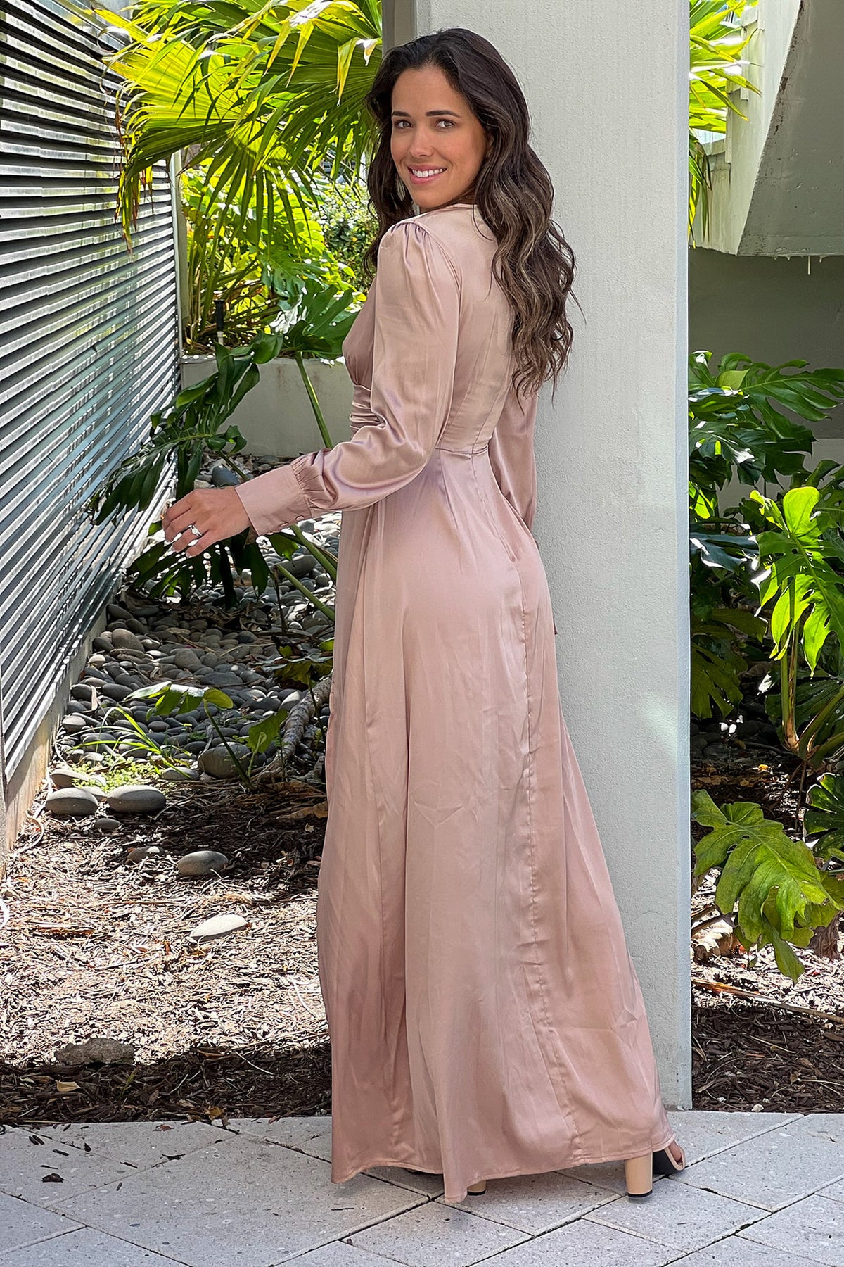 Champagne Satin Maxi Dress With Long Sleeves