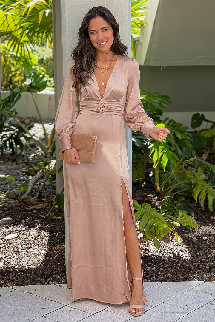 lucie champagne silky plunge extreme split maxi dress Champagne Satin Maxi Dress With Long Sleeves