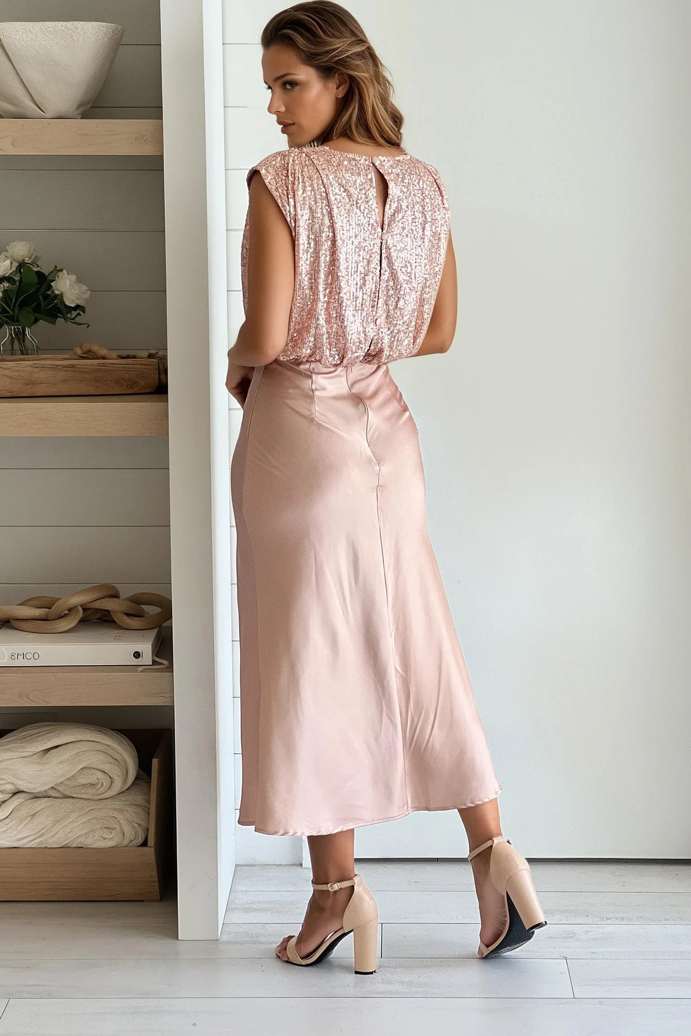 champagne satin midi dress