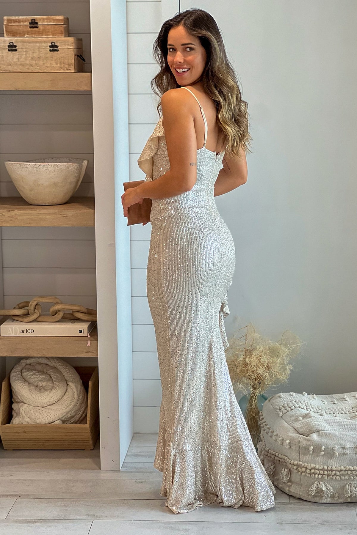 embellished draped ruffle maxi dress in champagne Ruffled Strap Tiered Shiny Maxi Dress Champagne Champagne / L