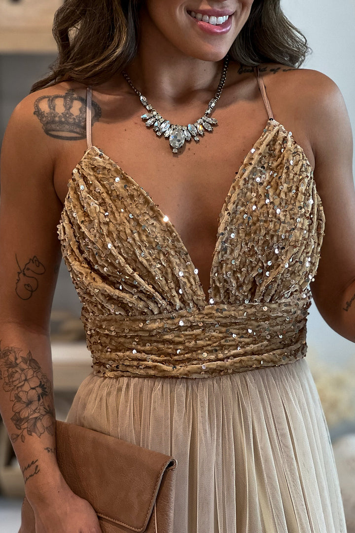 champagne mesh dress Champagne Mesh Maxi Dress With Sequin Top