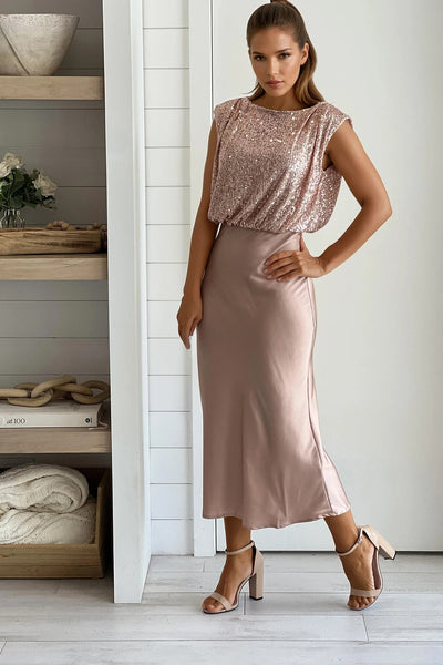 champagne sequined top midi dress