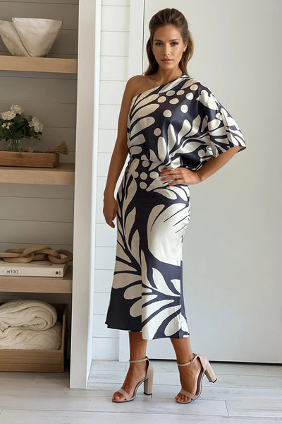 charcoal and cream printed one shoulder satin dress