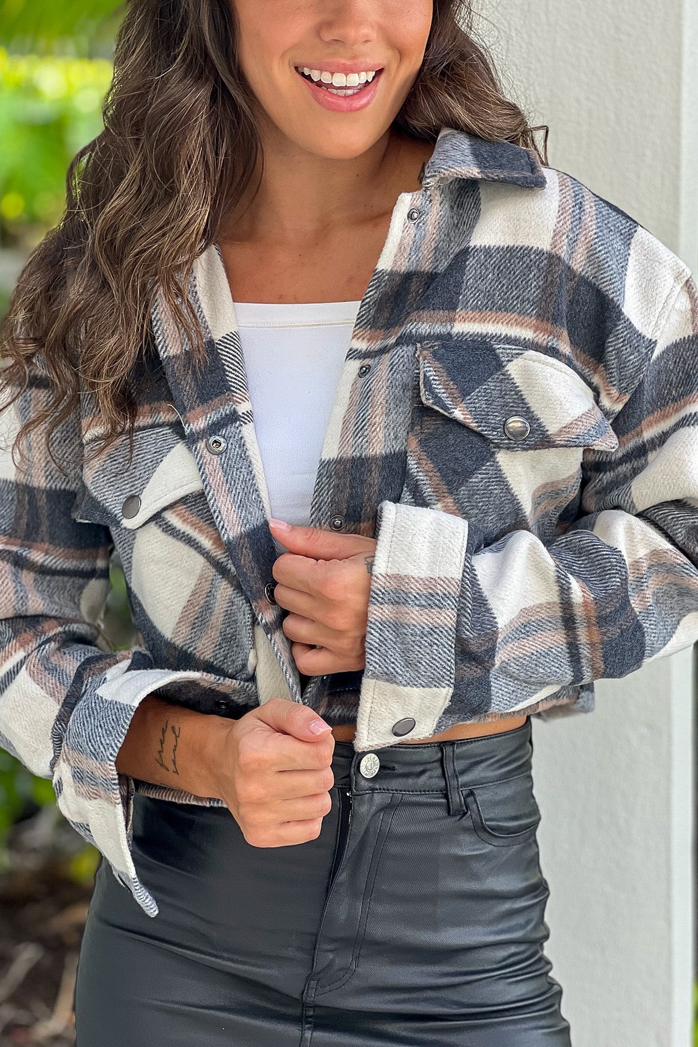 charcoal cropped plaid jacket with front pockets