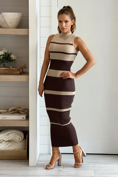 chocolate striped mock neck dress
