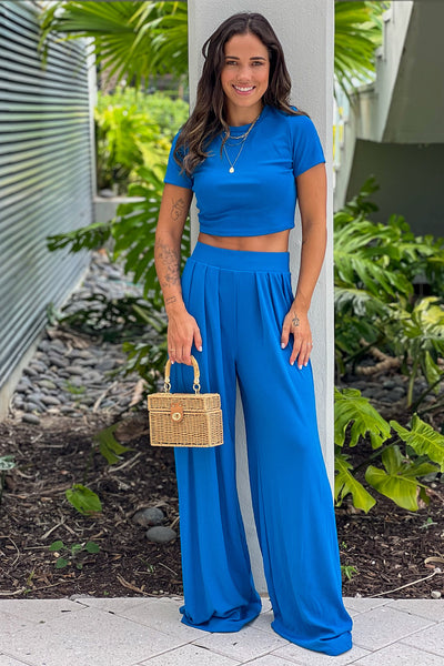 cobalt blue crop top and pants set