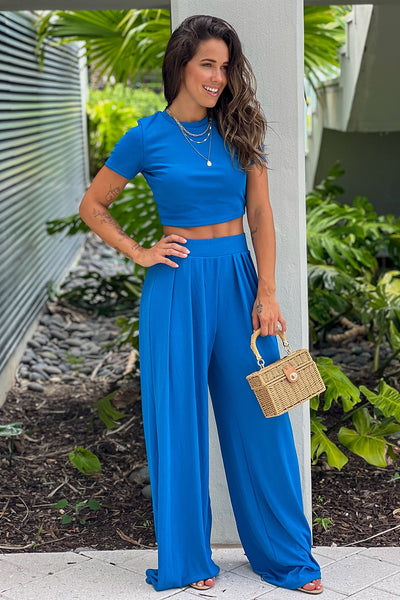 cobalt blue crop top and pleated pants set