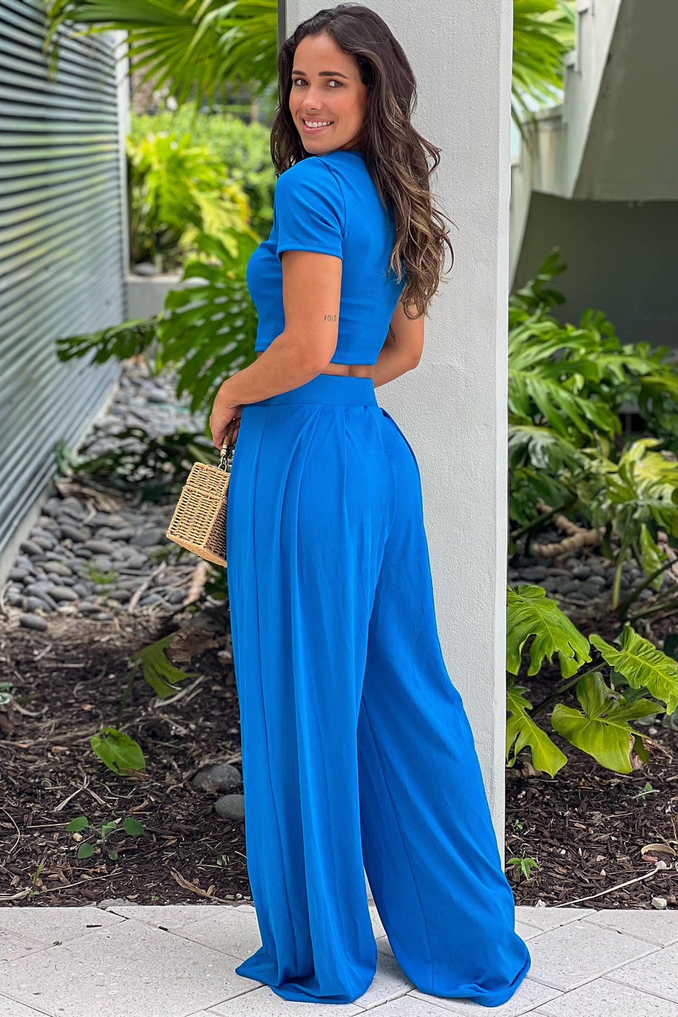 cobalt blue short sleeve crop top and pants set