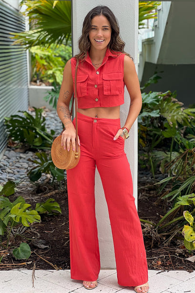 coral button down top and pants set