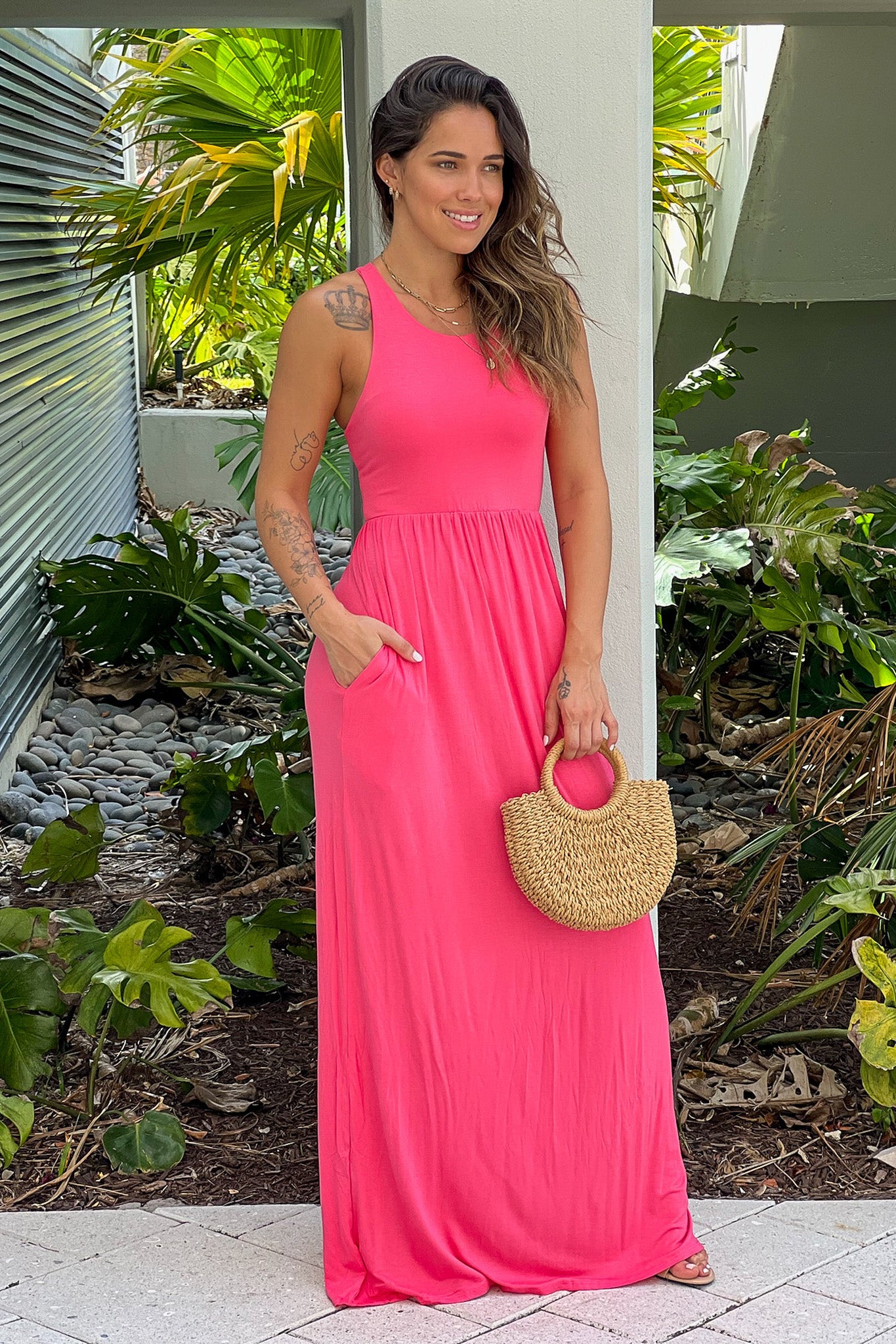coral maxi dress with pockets